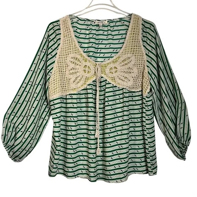 Umgee XL Green Striped Crochet Vest Blouse Top Balloon Sleeve Boho Bohemian - Image 1 of 4