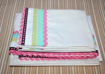 Sábana plana POTTERY BARN Kids Queen y 2 fundas de almohada - rickrack rosa y aguamarina Foto 1 de 4