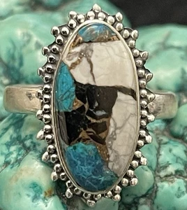 Handwerklich handgefertigter weißer Büffel & blauer Türkis Ring Sterlingsilber 4,9 g Größe 9 - Bild 1 von 12