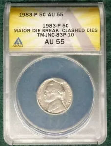 1983-P NICKEL-MAJOR CUD/DIE BREAK/CLASHED DIES-ANACS AU55-MULTIPLE ERRORS!-d3280 - Picture 1 of 9