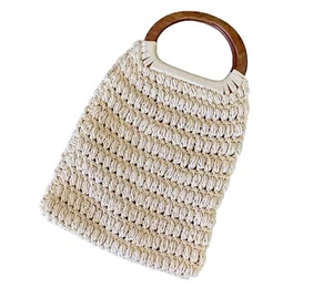 Bolsa universal de ganchillo con rosca manijas de madera crema macramé beige tejido verano boho - Imagen 1 de 5