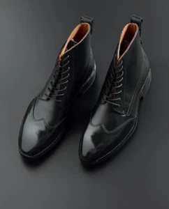 Handmade Men Black Men Wing Tip Leather Ankle Lace Up Business Boot, Biker Boot - Picture 1 of 2