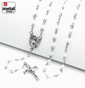 Rosary Silver White Bead Guadalupe Jesus Cross 25" Necklace HR 700 SWH - Picture 1 of 3