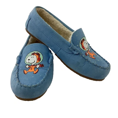 Lands End Slipper Youth Sz 5M Blue Peanuts Snoopy Woodstock Fur Glow In The Dark - Image 1 of 4