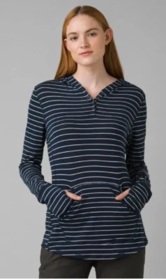 PrAna Mujer Sol Protect Sudadera con Capucha XL Azul Oscuro Rayas Manga Larga Bolsillo Canguro Foto 1 de 4