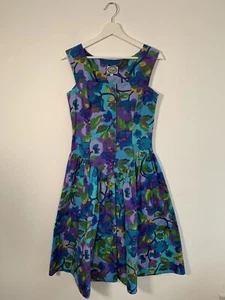 Vintage Marion Donaldson Purple & Blue Summer Floral Square Neck Dress Size 10 - Picture 1 of 8