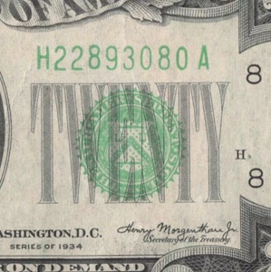 1934 St Louis Twenty Dollar Bill H22893080A Back Plate H9 386 Mule Note - Picture 1 of 11