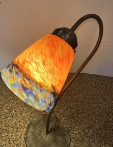 Vintage Gooseneck Lily Pad Base Table Lamp Orange Blue Swirl Glass Shade 17.5 in - Picture 1 of 24