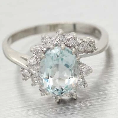 Anillo de cóctel vintage de diamantes y aguamarina de 1,15 quilates - vástago dividido de oro blanco de 14 k Foto 1 de 4