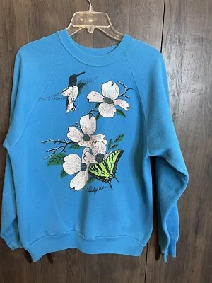 Sudadera Floral Colibrí California De Colección Oneita EE. UU. Adulto XL Azul Aqua Foto 1 de 4