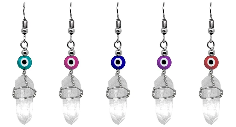 Evil Eye Crystal Earring Wire Wrapped Clear Quartz Point Dangle Healing Jewelry - Изображение 1 из 1
