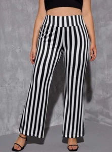 PLUS SIZE 20 22 24 BLACK WHITE STRIPED SILKY TOUCH STRETCHY FLARED LEG TROUSERS - Picture 1 of 3