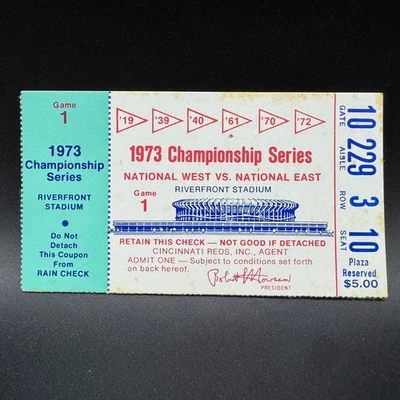 Boleto del Juego 1 1973 NLCS, Cincinnati Reds vs. New York Mets, Mays Rose Bench Foto 1 de 2