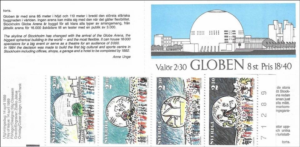 Avicii Arena Globen is one of The Largest Ball Hall Sweden Mint MNH Booklet 1989 - Image 1 of 1