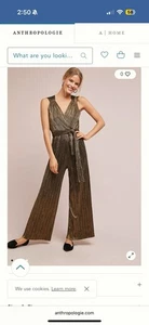 ANTHROPOLOGIE Vanessa Virginia Pont Neuf Gold Metallic Plisse Jumpsuit - Imagen 1 de 11