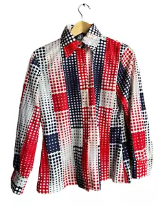 Vintage 70s Red White Blue Psychedelic Disco Blouse Button Up Long Sleeve LARGE - Picture 1 of 5