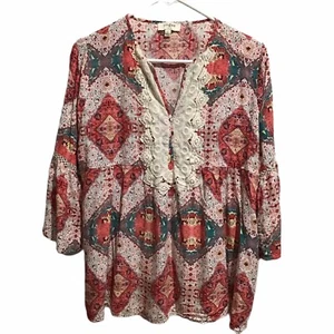 Umgee USA Women’s Boho Top Blouse V-neck size L Multicolor - Picture 1 of 7