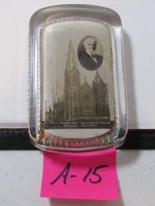 A-15 OLD VINTAGE GLASS BLOWN ART PAPER WEIGHT LEWIS MILLER 1 ST METHODIST CHURCH - Picture 1 of 1