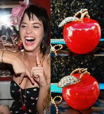 Vintage Betsey Johnson KATY PERRY Red Lucite Apple Fruit Crystal Dress Necklace - Image 1 of 4