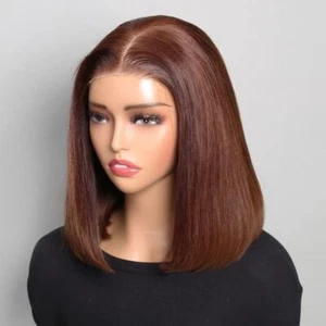 Peluca Bob marrón oscuro corta recta 4x4 frente de encaje 100 % pelucas de cabello humano sin pegamento - Imagen 1 de 7