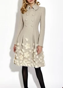 Damen Mantel Beige Schlank Lang Tweed Jacke Winter mit Federn Freizeit Custom - Bild 1 von 7