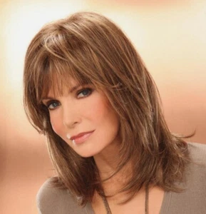 Women Medium Length Brown Hair Blend Heat Ok Soft Wig Natural With Bangs - Picture 1 of 4