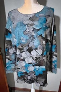 NEW Lily London Womens Sweater Blue Watercolor Floral Tunic Raw Stitch Sz XLarge - Picture 1 of 8
