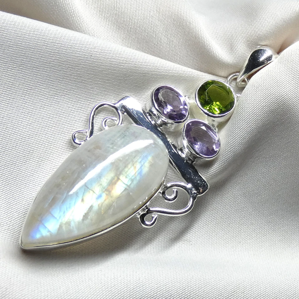 Mondstein, Amethyst, Peridot  Anhänger 925 Silber großer Edeltstein Tropfen  NEU - Bild 1 von 4