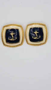 Nautical Anchor Enameled Vintage Earrings  - Picture 1 of 4