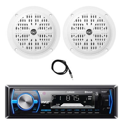 Pyle Marine Bluetooth MP3 Stereo Black Receiver, 2x 4'' 100W Speakers, Antenna - Image 1 of 4