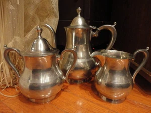 Wallace Bros Silver Co Pewter Tea Pot Cream & Sugar Bowl Vintage - Picture 1 of 12