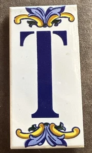 Vintage Ceramic Tile Blue & Yellow Address House Initial T Made In Spain 6” X 3” - Picture 1 of 2