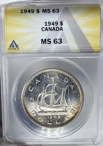 BU 1949 Canada Dollar ANACS MS63 Super Flashy Coin W/ a Touch of Color TMX - Picture 1 of 3