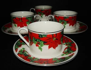 4 Gibson Houseware Christmas Cup & Saucers Holly Ribbon Poinsettia 1997 Holiday - Picture 1 of 12