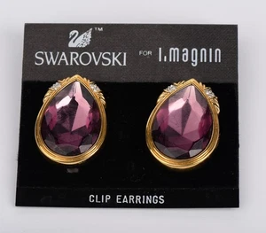 Vintage Swarovski I. Magnin Clip On Earrings Gold Tone Purple Crystal Signed - Picture 1 of 7