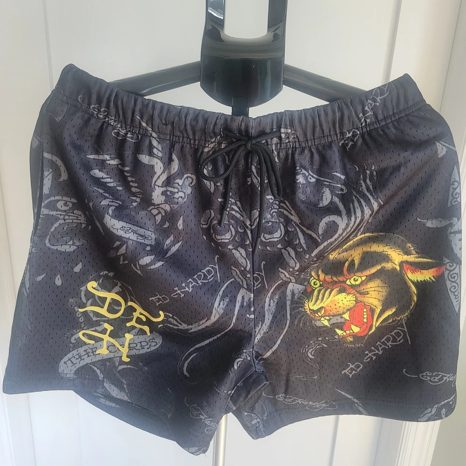 Ed Hardy Mens Black Panther Mesh Shorts Drawstring New Size L Streetwear - Image 1 of 4