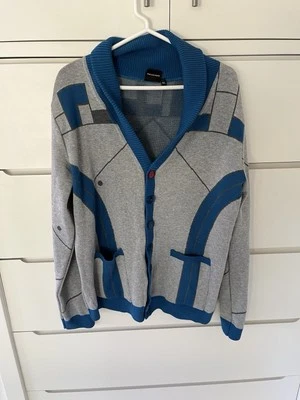 Elhoffer Design Star Wars Shawl Cardigan Teal Blue Robot Droid Knit Grey Unisex - Image 1 of 4