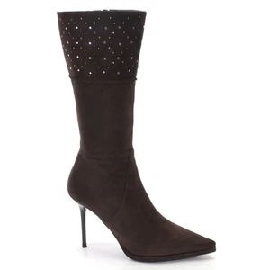 Ladies Pollini Rhine Stone Stiletto Boots 35 / 5 Brown Suede Pointed Heels Shoes - Picture 1 of 4