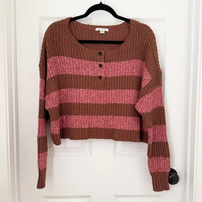 Mujeres American Eagle Manga Larga Recortado Henley Suéter Marrón Rosa Talla Mediana Foto 1 de 4