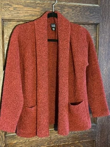 Eileen Fisher Wool Cashmere Red Open Front Cozy Cardigan Sz XS Pocket - Picture 1 of 8
