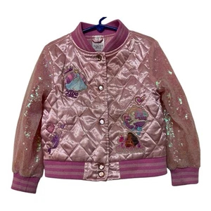 Disney Princess Girls Varsity Jacket Pink Quilted Satin Sequined Sparkly Sz 4 - Picture 1 of 24