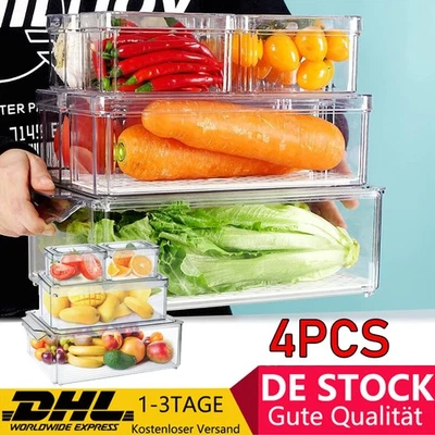 4er Pack Kühlschrank Gemüse Aufbewahrungsbox mit 2 Abtropfbrettern Transparentes - Bild 1 von 4