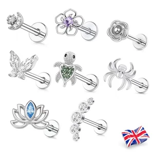 Cartilage Labret Piercing 6mm Bar Earrings Stud Crystal Gem Flat Back Tragus - Picture 1 of 15