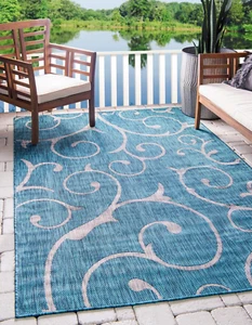 Outdoor Botanical Collection Area Rug - Curl (9' X 12' 2" Rectangle Teal/Ivory) - Picture 1 of 10
