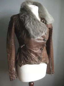 KAREN MILLEN SHEARLING JACKET leather sheepskin fur collar distress steampunk 8 - Picture 1 of 22