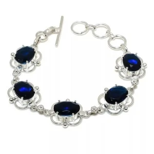 925 Sterling Silver Blue Sapphire Gemstone Jewelry Handmade Chain Bracelet - Picture 1 of 6
