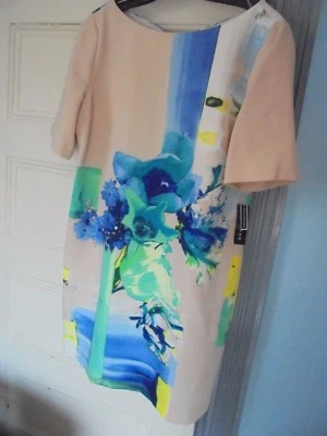 METAPHOR Sze 12 New $80 Poly Spandex DRESS Blue on cream Floral New pull-on  - Image 1 of 4