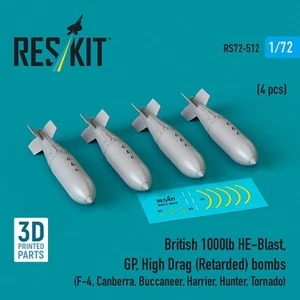 Bombas británicas HE-Blast de 1000 lb, GP, de alta resistencia (retardadas) 4 piezas escala 1:72 RS72-0512 - Imagen 1 de 1