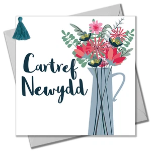 Welsh New Home Karte, Cartref Newydd, Blumenvase, Quaste verziert - Bild 1 von 4