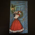 Vtg Christmas Greeting Card lady front door Red fur trim coat wreath Blue Gold